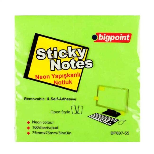Bigpoint Yapışkanlı Not Kağıdı 75x75 mm Neon Yeşil - 1