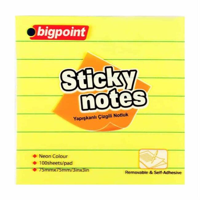 Bigpoint Yapışkanlı Not Kağıdı Çizgili 75x75 mm Neon Sarı - 1