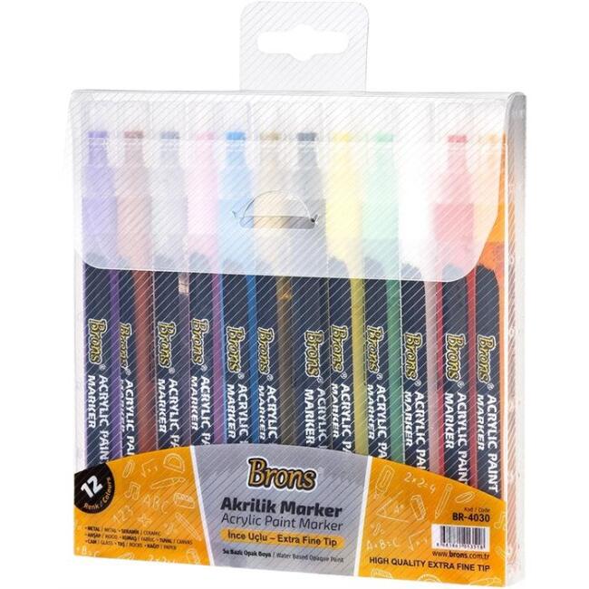 Brons Extra Fine İnce Uçlu Akrilik Marker Kalem Seti 12 Renk - 1