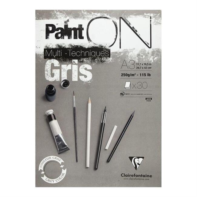 Clairefontaine Paint-On Çok Amaçlı Gri Sanatsal Blok 250 g A3 30 Yaprak - 1