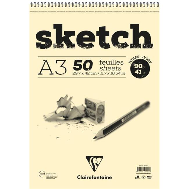 Clairefontaine Sketch Üstten Spiralli Eskiz Defteri 90 g A3 50 Yaprak 96160 - 1