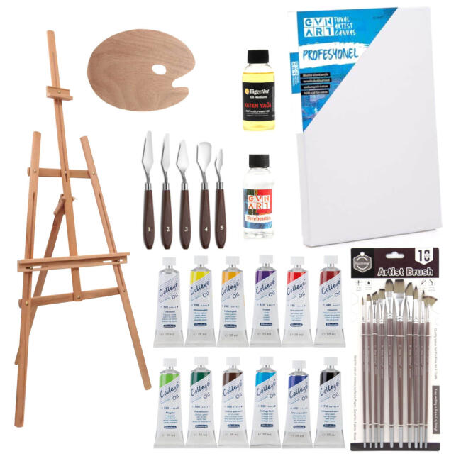 College Master 3 Ayak Şövaleli Yağlı Boya Seti 35 ml 12 Renk 32 Parça 50x70 cm - 1