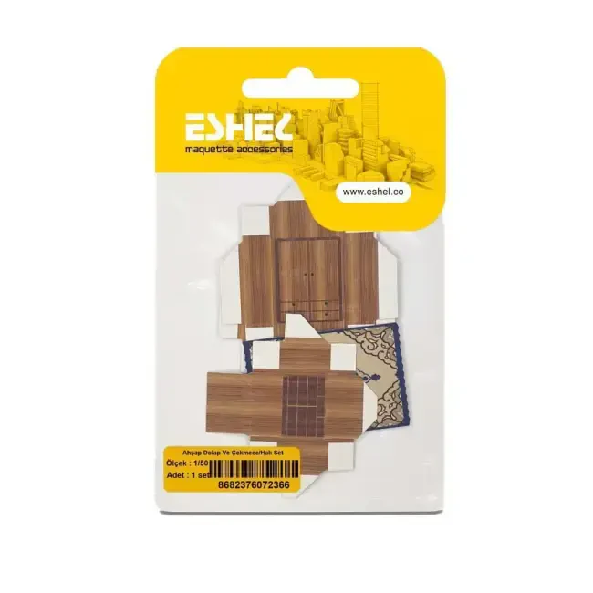 Eshel Maket 1:50 Ölçek Ahşap Görünümlü Dolap Çekmece ve Halı Seti - 1