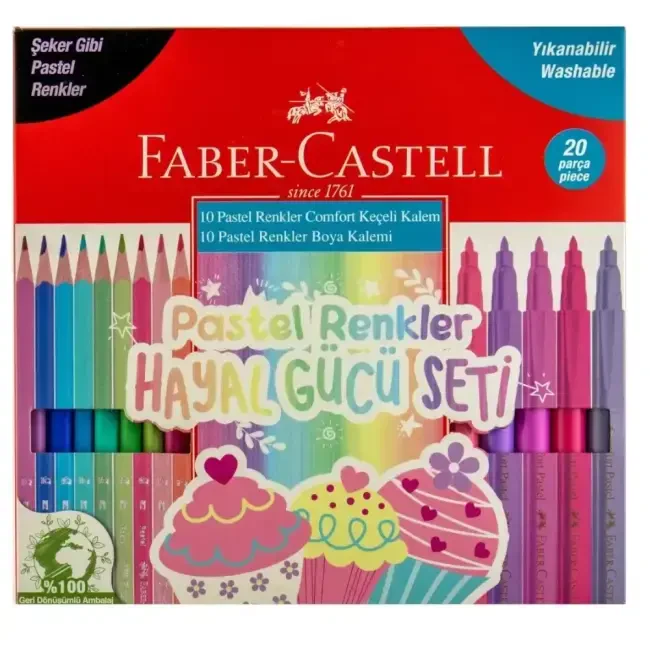 Faber Castell Redline Şeker Gibi Pastel Renkler 10'lu Kuruboya ve 10'lu Comfort Keçeli Kalem Seti 5178 000 107 - Faber Castell