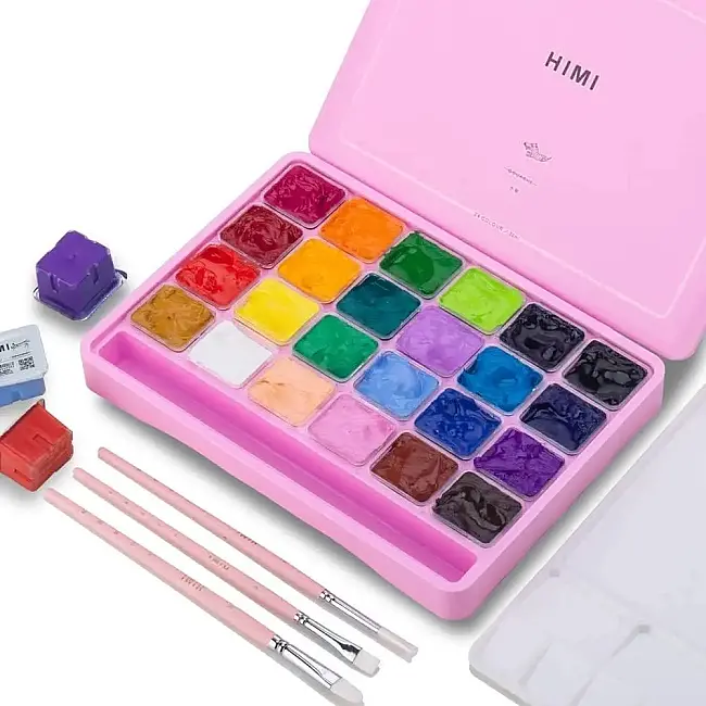 HIMI Jelly Cup Gouache Set - 24 Renk 30 gr 3 Fırça (Pink Case Edition) H-TST100 - 1