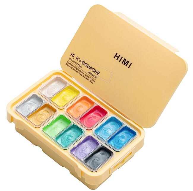 HIMI Twin Cup Gouache Set - 12 Renk (Yellow Case - Metallic Edition) H-TST75 - 1