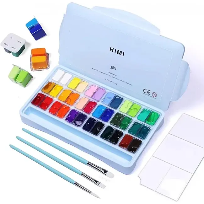 HIMI Twin Cup Gouache Set - 36 Renk 12gr + 3 Brushes (Ice Blue Case Edition) H-TST122 - HIMI