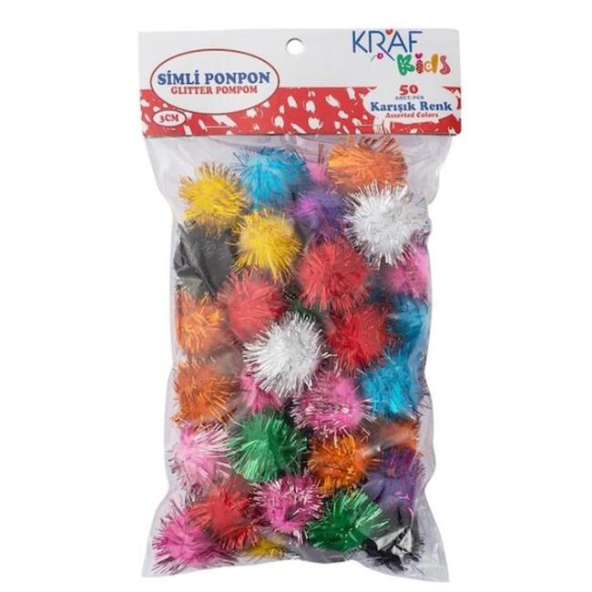 Kraf Kids Karışık Renk Simli Ponpon 3 cm 50 Adet - 1