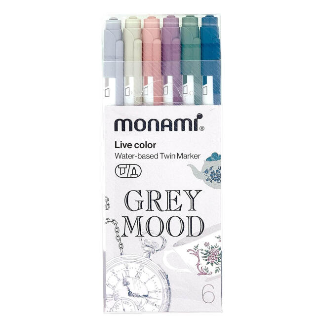 Monami Live Color Su Bazlı Çift Taraflı Marker Kalem Seti 6'lı Grey Mood Colors - 1