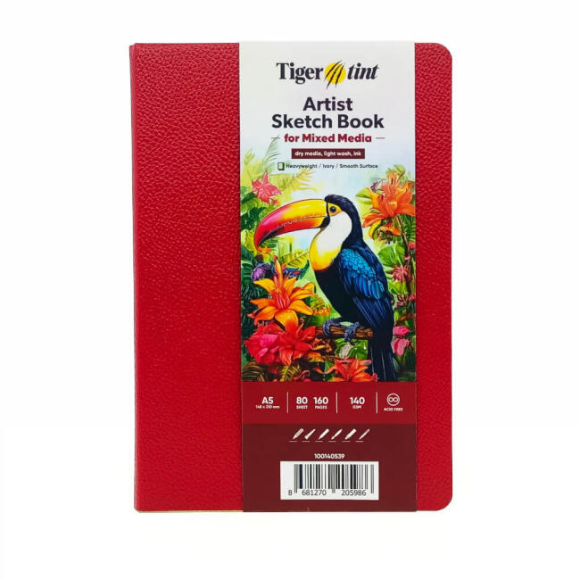 Tigertint Soft Kapak Mixed Media Çok Amaçlı Sanatsal Defter 140 g A5 80 Yaprak Koyu Kırmızı 100140539 - 1