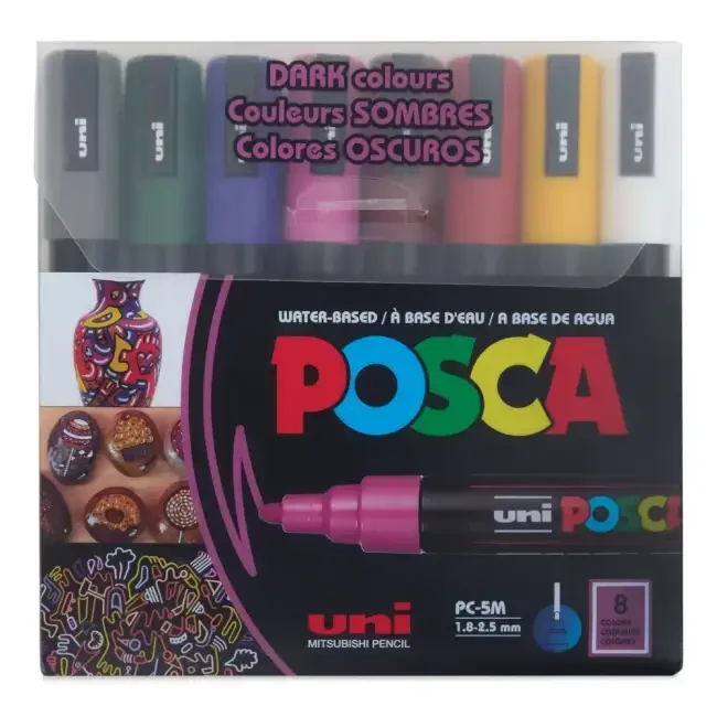 Uni Posca PC-5M Su Bazlı Poster Marker Kalem Seti 1.8-2.5 mm 8'li Koyu Renkler - 1