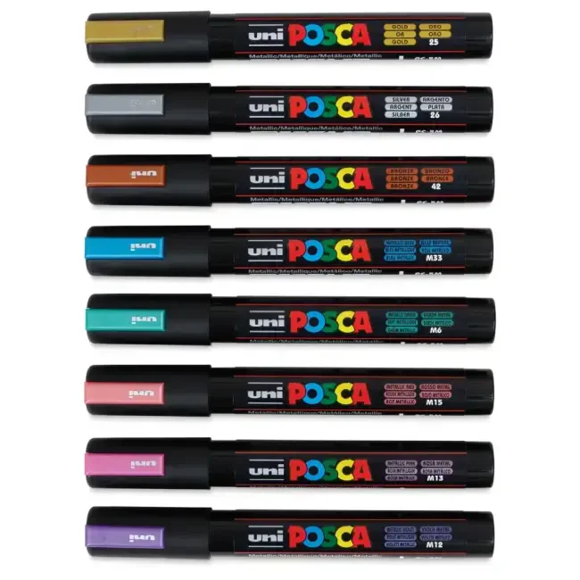 Uni Posca PC-5M Su Bazlı Poster Marker Kalem Seti 1.8-2.5 mm 8'li Metalik Renkler - 3