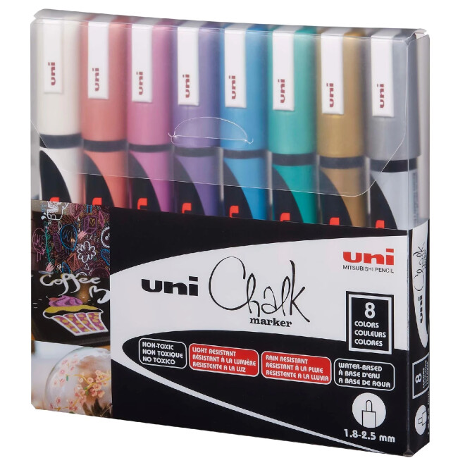Uni Posca PWE-5M Chalk Marker Kalem 1,8 - 2,5 mm 8'li Metalik Renkler - Uni