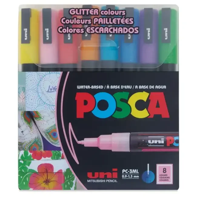 Uni Posca PC-3ML Su Bazlı Poster Marker Kalem 0.9-1.3 mm 8'li Simli Renkler - 1
